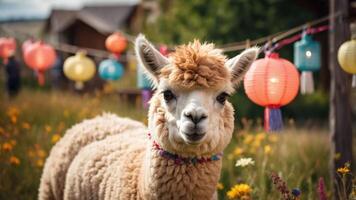 A fluffy alpaca stands in a colorful garden adorned with lanterns and flowers. photo