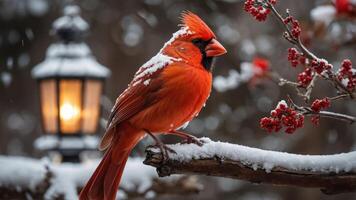 A vibrant cardinal perched on a snowy branch near a glowing lantern in a winter setting. photo