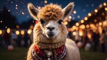 A llama adorned with decorative accessories, set against a festive backdrop. photo