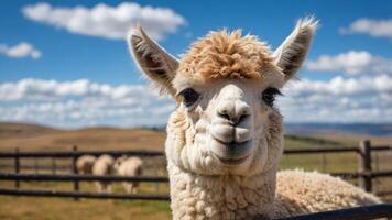 A close-up of a smiling alpaca in a pasture with sheep in the background under a blue sky. photo