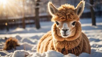 A fluffy alpaca resting in the snow, illuminated by soft sunlight. photo
