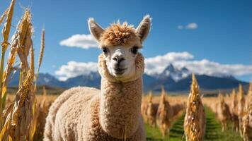A close-up of a smiling alpaca in a field with mountains in the background. photo