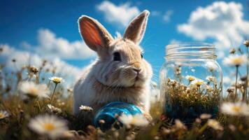 A cute rabbit beside a colorful egg and a jar in a sunny flower-filled field. photo