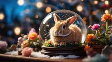 A charming rabbit inside a snow globe surrounded by colorful flowers and soft lighting. photo
