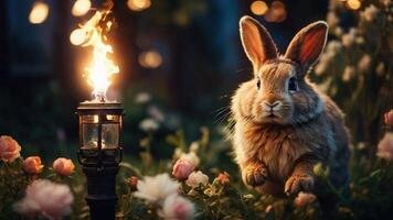 A rabbit leaps among flowers near a lit torch, creating a magical nighttime scene. photo