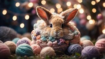 A rabbit nestled in colorful yarn, surrounded by soft pastel balls and warm lights. photo