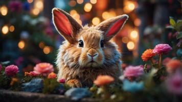 A cute rabbit surrounded by colorful flowers in a whimsical, enchanting setting. photo
