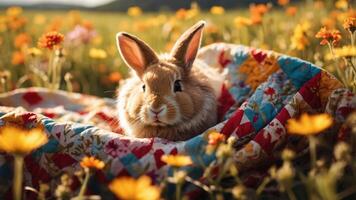 A rabbit resting on a colorful quilt in a flower-filled field during golden hour. photo