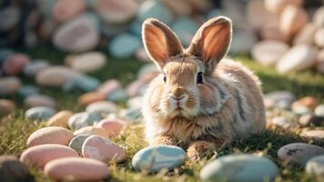A cute rabbit resting among colorful Easter eggs in a grassy setting. photo