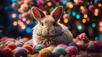 A fluffy rabbit surrounded by colorful yarn balls and flowers, creating a whimsical scene. photo