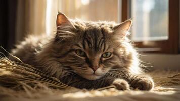 A serene cat lounging in sunlight near a window, surrounded by soft, natural elements. photo