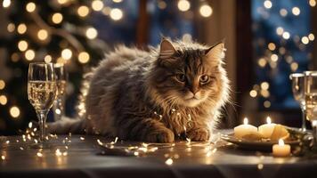 A fluffy cat sits on a table adorned with candles and festive lights, creating a cozy atmosphere. photo