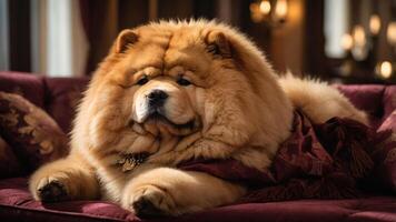 A fluffy chow chow dog lounging on an ornate couch with a luxurious atmosphere. photo