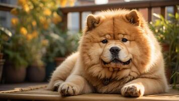 A fluffy chow chow dog lounging on a wooden surface surrounded by greenery. photo