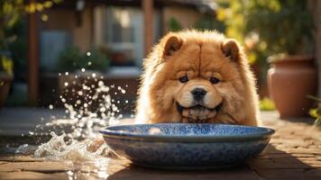 A fluffy chow chow dog playfully splashes water from a decorative bowl in a sunny garden. photo