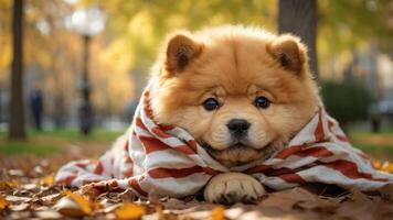 A fluffy chow chow dog wrapped in a blanket, resting on autumn leaves in a park. photo