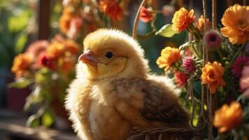 A fluffy chick surrounded by colorful flowers in a warm, natural setting. photo