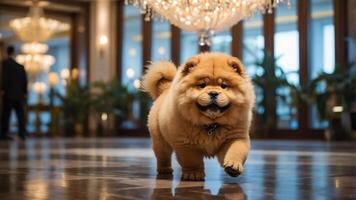 A fluffy Chow Chow dog joyfully runs through a luxurious hotel lobby. photo