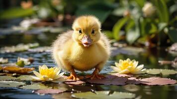 A cute yellow duckling stands on lily pads in a serene pond surrounded by flowers. photo