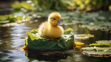 A fluffy duckling sits on a large leaf in a serene pond surrounded by lily pads. photo