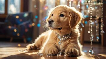 A golden retriever puppy adorned with sparkling decorations, lying on a wooden floor. photo