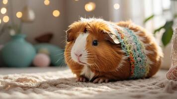 A cute guinea pig wearing a colorful sweater, resting on a cozy surface with soft lighting. photo
