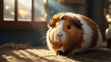 A cute guinea pig resting on a carpet, illuminated by soft sunlight from a nearby window. photo