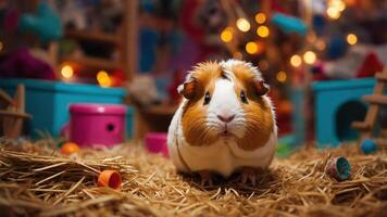 A cute guinea pig on straw with colorful toys and lights in a cozy setting. photo