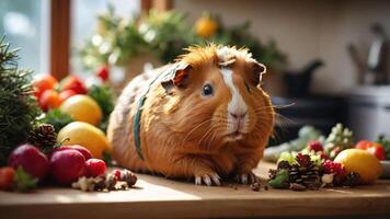 A guinea pig surrounded by fruits and pinecones on a wooden table in a cozy kitchen setting. photo