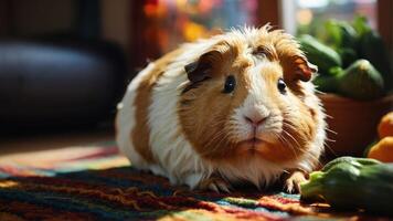 A close-up of a guinea pig resting on a colorful rug with vegetables nearby. photo