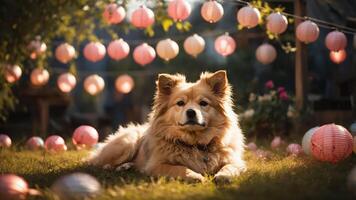 A dog resting in a garden adorned with colorful lanterns, creating a serene atmosphere. photo