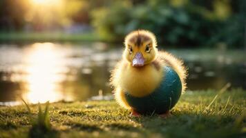 A fluffy duckling sitting on grass near a pond, illuminated by soft sunset light. photo