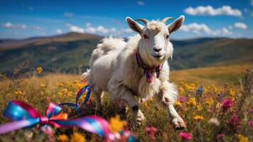 A playful goat prances through a vibrant flower field, adorned with a colorful ribbon. photo
