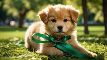 A cute puppy with a green ribbon lying on grass in a sunny park setting. photo