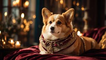 A regal corgi adorned with a lavish collar, resting on a plush surface surrounded by candles. photo