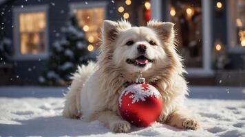 A fluffy dog lying in snow with a red Christmas ornament, creating a festive winter scene. photo