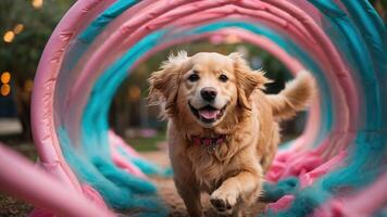 A golden retriever joyfully runs through a colorful play tunnel in a vibrant outdoor setting. photo