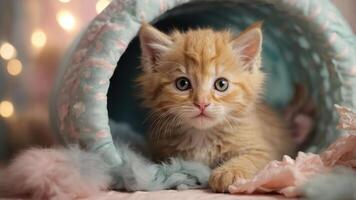 A playful orange kitten peeks out from a cozy, pastel-colored tunnel. photo