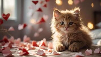 A cute kitten surrounded by heart-shaped decorations, conveying a warm, loving atmosphere. photo