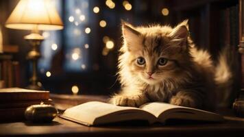 A fluffy cat curiously examines an open book in a cozy, softly lit room. photo