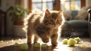 A playful kitten explores a sunlit room, surrounded by scattered bits of green melon. photo