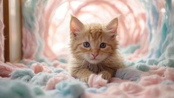 A fluffy orange kitten resting in a colorful, soft environment. photo