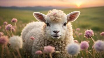 A cute lamb surrounded by colorful flowers at sunset in a serene landscape. photo