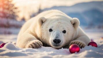 A polar bear lying in the snow with red ornaments around it, evoking a festive winter scene. photo