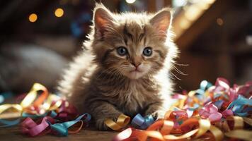 un juguetón gatito rodeado por vistoso cintas en un acogedor ajuste. foto
