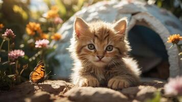 A fluffy kitten gazes curiously at a butterfly amidst colorful flowers in a serene garden. photo