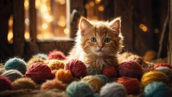 A playful kitten surrounded by colorful yarn balls in a cozy setting. photo