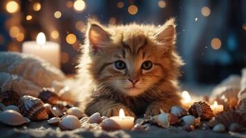 A fluffy kitten surrounded by seashells and candles, creating a cozy and serene atmosphere. photo
