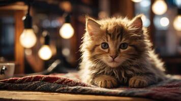 A fluffy kitten resting on a textured surface with warm lights in the background. photo