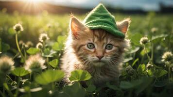 A fluffy kitten wearing a green hat sits in a field of clover, illuminated by sunlight. photo